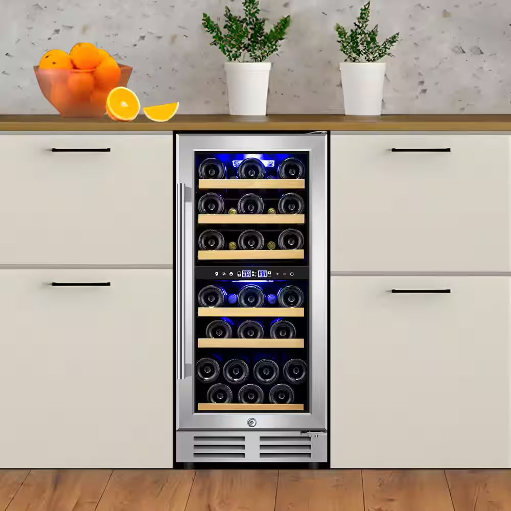 15 In. Dual Zone Built-In Wine Cooler 30-Bottle Cellar Cooling Unit in Stainless Steel with 6-Removable Shelves