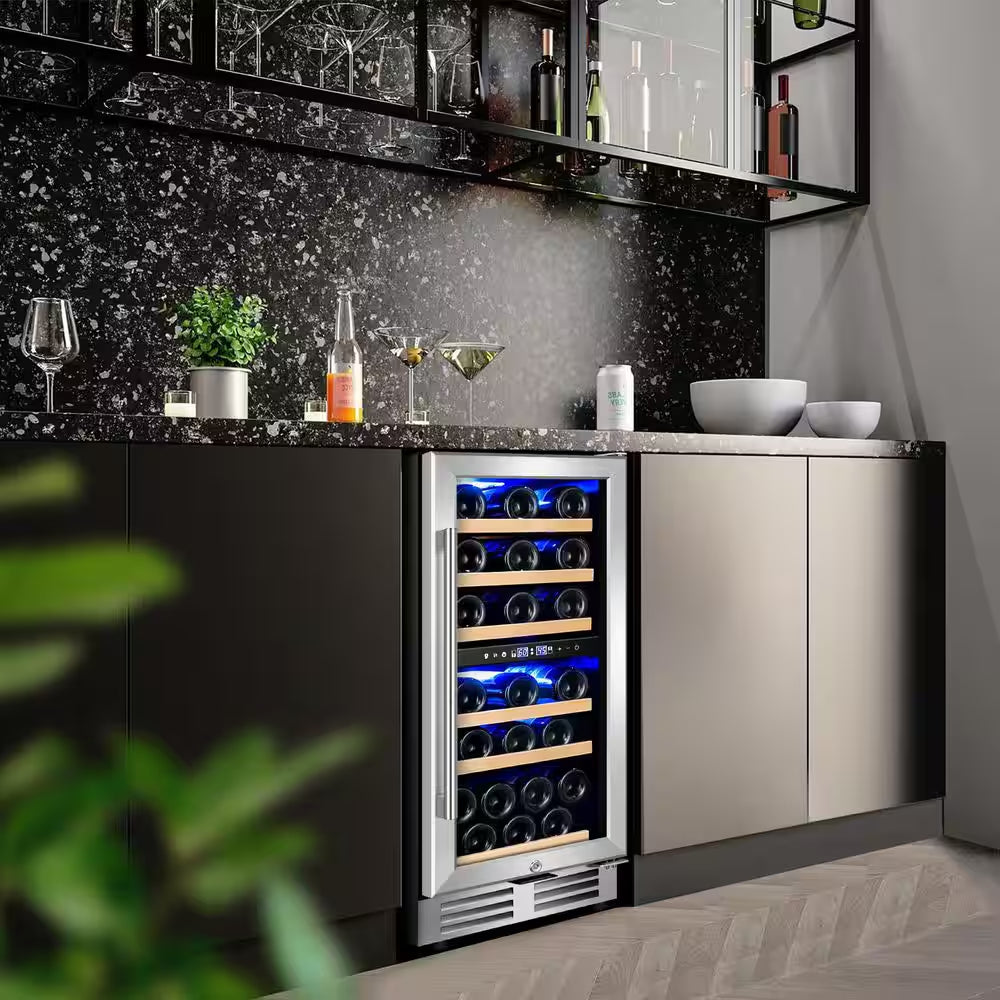 15 In. Dual Zone Built-In Wine Cooler 30-Bottle Cellar Cooling Unit in Stainless Steel with 6-Removable Shelves