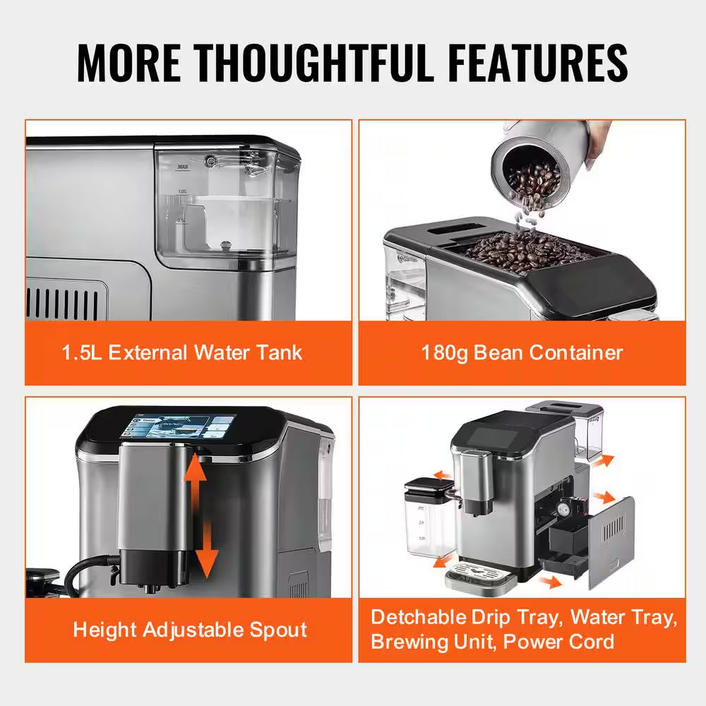 Fully Automatic Espresso Machine Cappuccino Latte Machine 6 Cups Silver Color Espresso Machine with 20 Bar Super