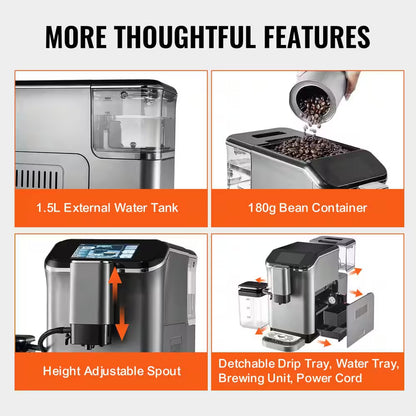 Fully Automatic Espresso Machine Cappuccino Latte Machine 6 Cups Silver Color Espresso Machine with 20 Bar Super