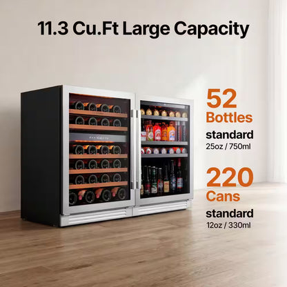 48 In. Triple Zone 46-Wine Bottles and 220-Cans Beverage and Wine Cooler Side-By-Side Refrigerator Frost Free in Black
