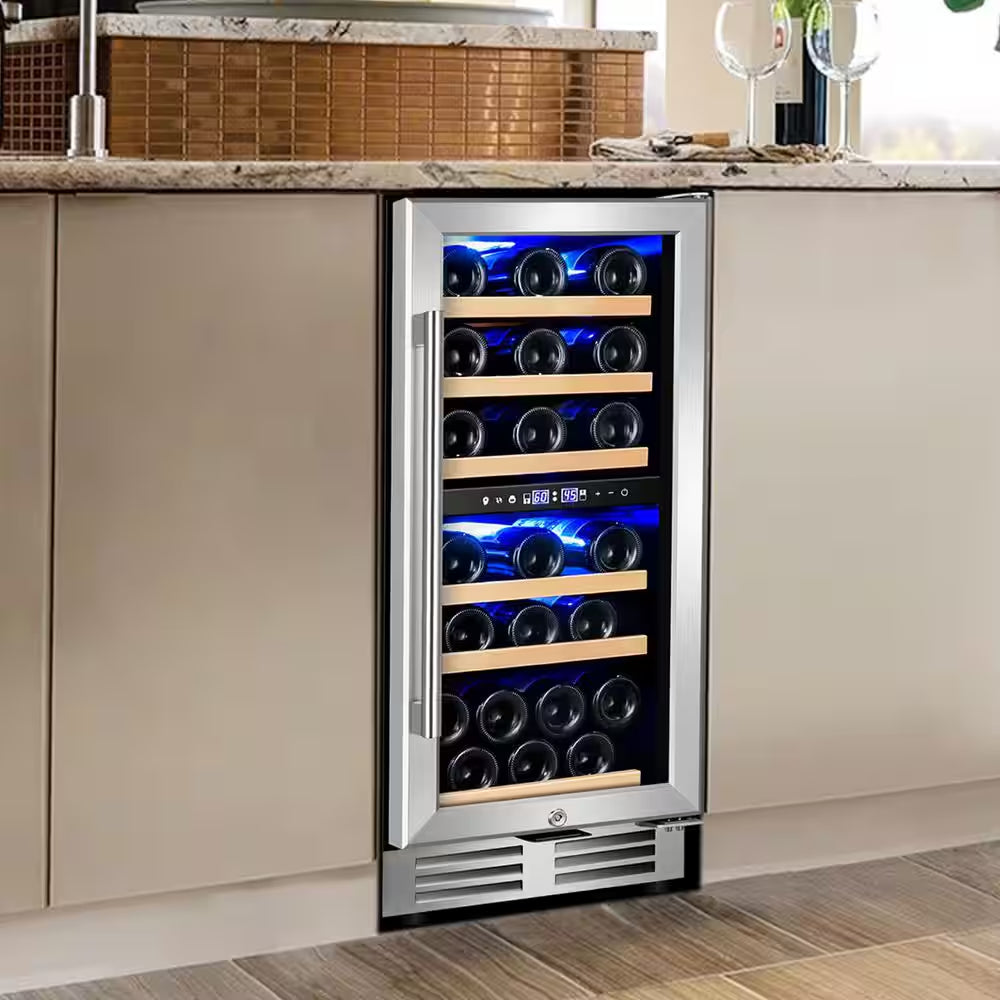 15 In. Dual Zone Built-In Wine Cooler 30-Bottle Cellar Cooling Unit in Stainless Steel with 6-Removable Shelves