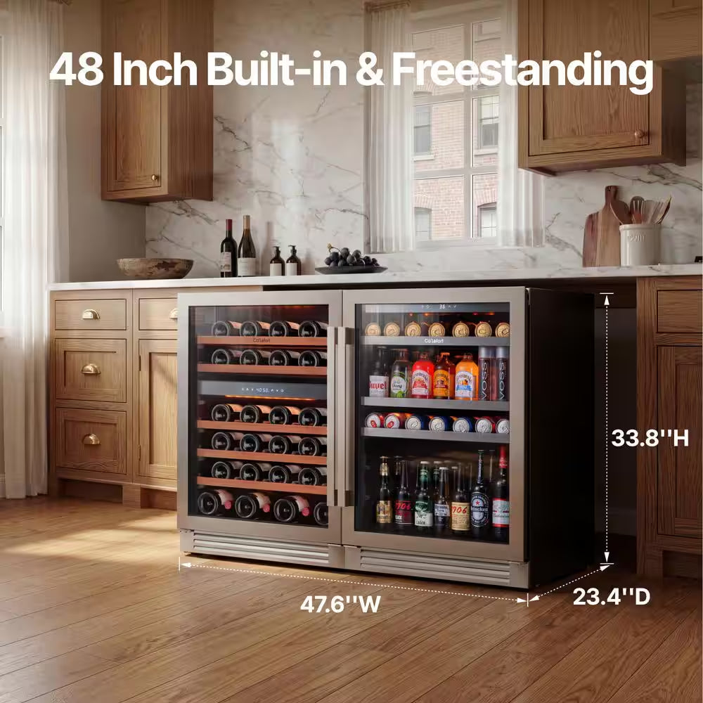 48 In. Triple Zone 46-Wine Bottles and 220-Cans Beverage and Wine Cooler Side-By-Side Refrigerator Frost Free in Black