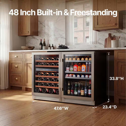 48 In. Triple Zone 46-Wine Bottles and 220-Cans Beverage and Wine Cooler Side-By-Side Refrigerator Frost Free in Black